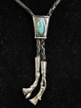Navajo Silver And Turquoise Bolo Tie With Sterling Silver Tips Small Simple